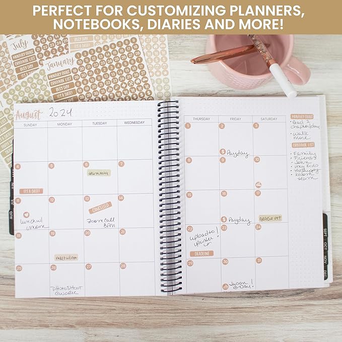 bloom daily planners Muted Neutrals Calendar Essentials Planner Stickers - 8 Sheets, 1629 Stickers Per Pack! - Color Coordinating Monthly Headings, Dates, Icons, Etc. - Aesthetic Boho