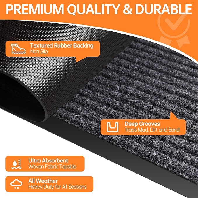 Indoor Outdoor Door Mat, 5’ x 4' Doormat for Entryway, Rubber Backing Non Slip Front Door Mat Outside Entrance, Super Absorbent Commercial Floor Mat for Home Office, Grey