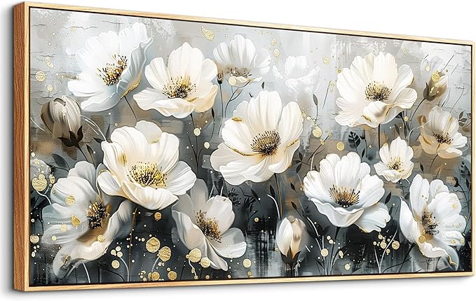 PHAOHUAXM Large Canvas Wall Decor For Living Room Wall Art For Bedroom Office Wall Decorations Print White Ink-Wash Flower-Shaped Wooden Frame Printed Artworks Posters Picture Home Decor 30"X60"