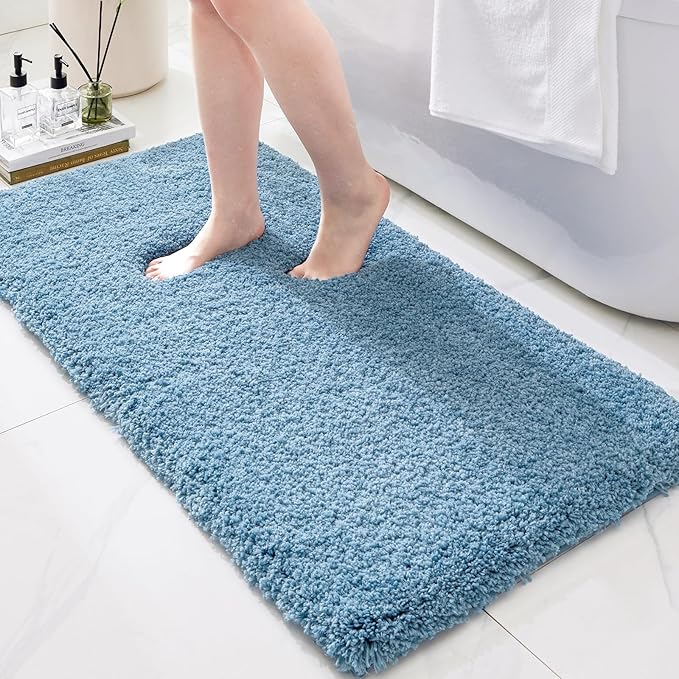 Bathroom Rugs 70x24, Ultra Thick Shaggy Soft Microfiber Absorbent Bath Rug, High Density Foam Latex Non Slip Backing, Machine Washable Bath Mats for Bathroom Floor & Sink, Blue