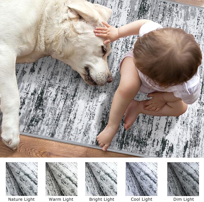 Modern Abstract 4x6 Living Room Washable Rug Non-Slip Soft Bedroom Area Rug Black Grey White Thin Print Faux Wool Floor Carpet Throw Rugs for Nursery Playroom Dining Room Indoor Home Decor