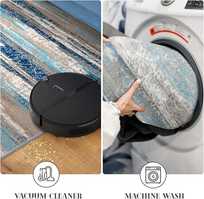 Modern Abstract Runner Rug 3x8, Blue Washable Kitchen Runner Non-Slip Soft Hallway Rug Runner Thin Print Faux Wool Carpet for Entryway Bedroom Laundry Room Indoor Home Office Decor