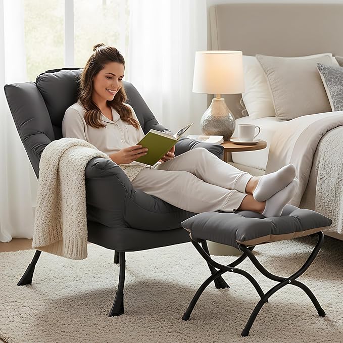 Lazy Chair with Folding Ottoman, Modern Accent Lounge Armchair with Armrests and a Side Pocket & Foldable Footstool, Leisure Reading Chair for Living Room, Bedroom, Dorm & Office, Light Grey