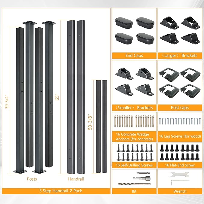DIYHD 5 Step Handrail for Outdoor,Powder Coated Iron Stair Railing,Black Hand Rails for Indoor, Porch,Deck,2 Pack