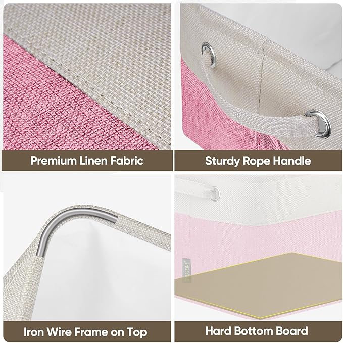 BALEINE 3 Pack Fabric Storage Bins for Shelves, Linen Storage Baskets for Organizing, Decorative Closet Bins for Clothes, Home (Pink, 12"x8"x8")