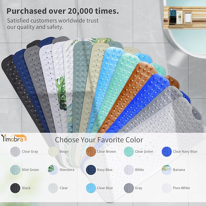 Yimobra Non Slip Bathtub Mat 40 x 16 Inch, Extra Long Shower Mat with Drain Holes, Machine Washable Baby Bath Mats, Strong Suction Cups for Bathroom Floor, Clear Blue