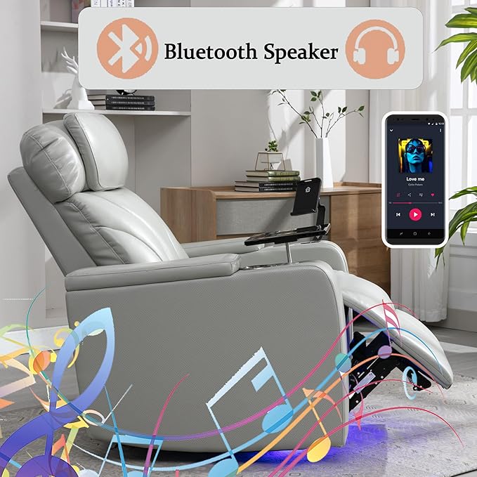 Zero Wall Power Recliner with Bluetooth Speaker & USB Ports - Home Theater Electric Recliner Chair with Cup Holder, Arm Storage, LED Lights, Phone Holder & Removable Tray Table
