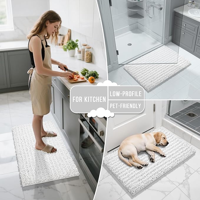 Yimobra Bathroom Rugs Sets 2 Piece - Quick Dry Extra Thick Luxury Chenille Bath Mat, Non Slip Super Absorbent for Tub Shower Sink, Machine Washable Shaggy Floor Mat, 44"x24"+24"x17" Inch, White