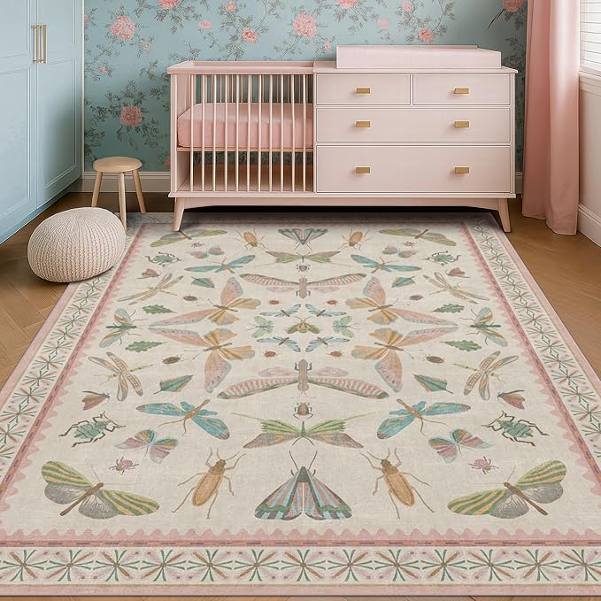 Washable 5x8 Light Pink Rug for Bedroom - Pink Boho Girl Nursery Rug, Living Room, Nature Insect Bug Print Home Decor