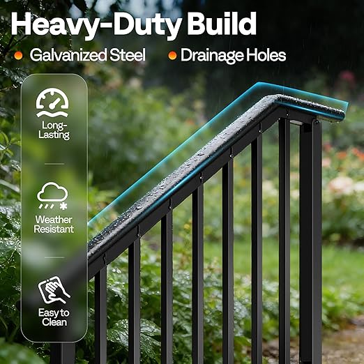 VIVOHOME 2-Pack 4 Step Galvanized Steel Hand Rails for Outdoor Steps – Black Oval and Safety Balusters Exterior Railing for Porch, Deck, or Indoor Stairs, Complete Installation Kit