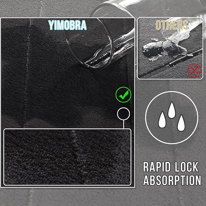 Yimobra 3 Pieces Memory Foam Bath Mat Set with U-Shaped Toilet Rug - Non Slip Super Soft Absorbent Quick Dry Bathroom Rugs for Bathtub, Vanity & Toilet Base, Black
