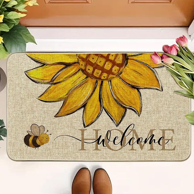 Sunflower Welcome Doormat 17"x29", Non Slip Door Mat Indoor Entrance, Hello Indoor Front Door mat, Spring Summer Outdoor Entrance Mat, Low Profile Design Patio Porch Entryway Mats