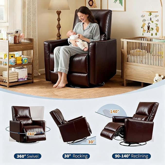 IDEALHOUSE Swivel Rocking Nursery Recliner Chair Rocker Recliner Glider Deep Seat PU Leather Sofa Chair with high Backrest for Nursery, Living Room, Bedroom & Home Movie Theater (Dark Brown)