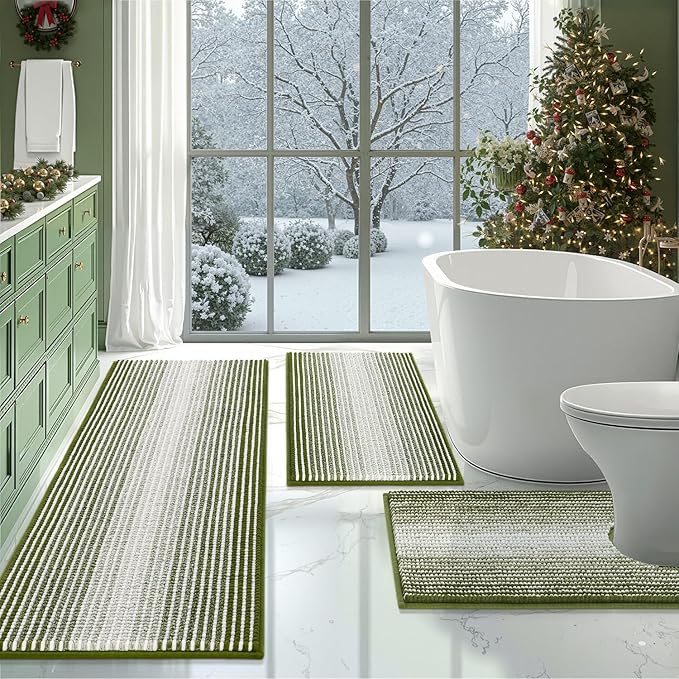 BSICPRO Bathroom Rugs Sets 3 Piece, Toilet Rugs U-Shaped Contour Bath Mat Set, Long Striped Absorbent Non Slip Chenille Shower Mat, Sage