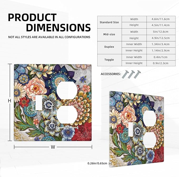 Boho Floral Colorful Floral Multi Color Flower Wallplates 1 Toggle 1 Duplex Switch Plate Electrical GFCI Faceplate Decorative Light Switch Covers for Bedroom Living Room Home Decor
