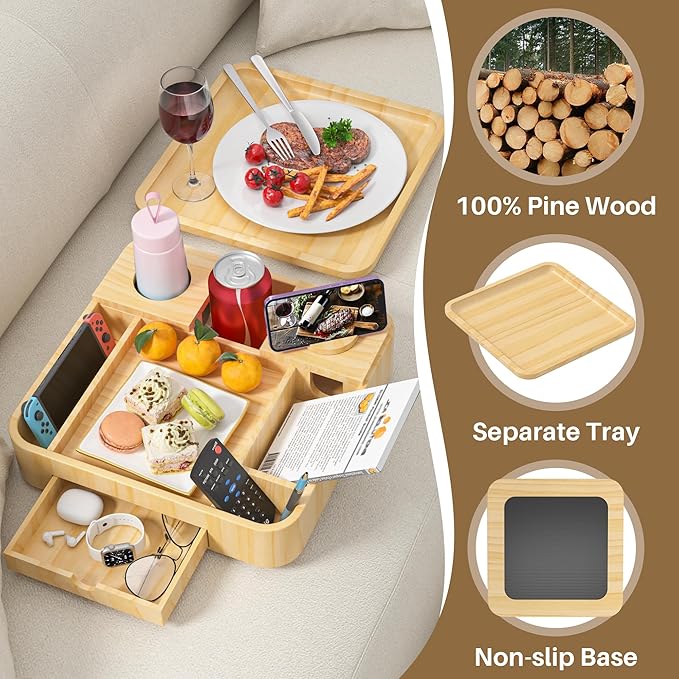 Couch Cup Holder, Couch Caddy Car Cup Holder Tray Serving Tray Large Capacity Multi-Surface Wooden Trays for Bed, Car, Picnic, Drinks, Snacks, Remote, Cell Phone, Headphones (Solid Pine Wood)