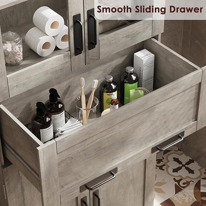 GarveeHome 67" Tall Bathroom Cabinet with 4 Doors & Flip Glass Drawer, Storage Cabinet with Adjustable Shelves, Freestanding Organizer for Kitchen, Living Room (Oak)