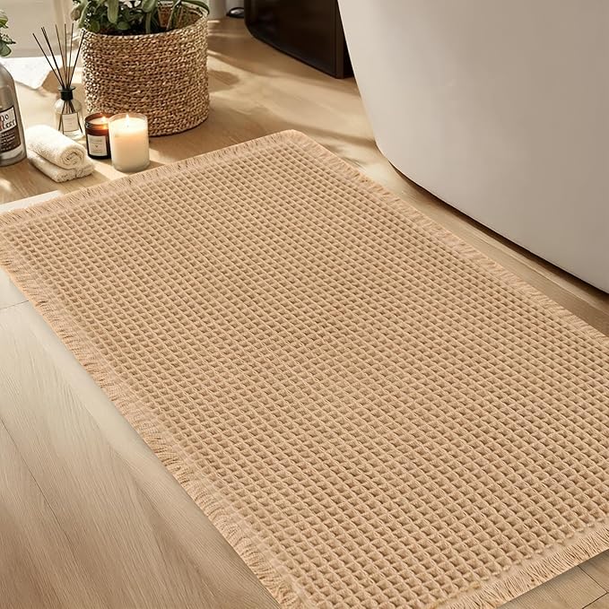 Hiasan Waffle Bath Mat, Super Absorbent Non Slip Bathroom Boho Rug with Tassels, Machine Washable Bath Mats for Bathroom, Ultra Soft Rubber Backed Rug, Brown, 20 x 32 Inches