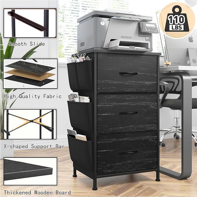 EnHomee Tall Nightstand, Night Stand with Drawers for Bedroom, Bedside Table with Wooden Top, Sturdy Steel Frame End Table, Dorm Nightstand for Bedroom, Entryway, Hallway, Closet, Cloth Bags,Black