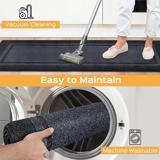 Kitchen Rugs Set (24" x 36"+24" x 60"), Non-Slip Machine Washable Kitchen Runner Rugs Floor Mats, Absorbent Comfort Standing Mat for Kitchen, Sink and Hallway, Rolled Packaging, Bluish Grey & Charcoal