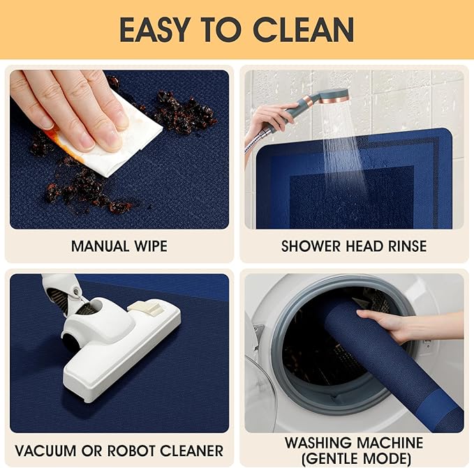 Ultra Thin Bath Mat, Upgrade Backing Non Slip Thin Bath Mats Fit Under Door, Quick Dry Ultra Absorbent Bathroom Rugs, Machine Washable Bath Rugs for Bathroom, Bathtub, Dark Blue/Bordered/59"x20"