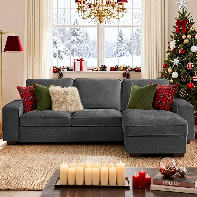 PARKOL 99" L-Shaped Sectional Couch with Storage, Sofa with Reversible Chaise, USB Type-C Charging, Chenille Fabric, Removable Cushion Covers, for Small Space, Apartment, Living Room, Dark Gray