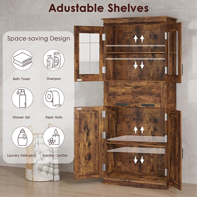 GarveeHome 67" Tall Bathroom Cabinet with 4 Doors & Flip Glass Drawer, Storage Cabinet with Adjustable Shelves, Freestanding Organizer for Kitchen, Living Room (Rustic Brown)