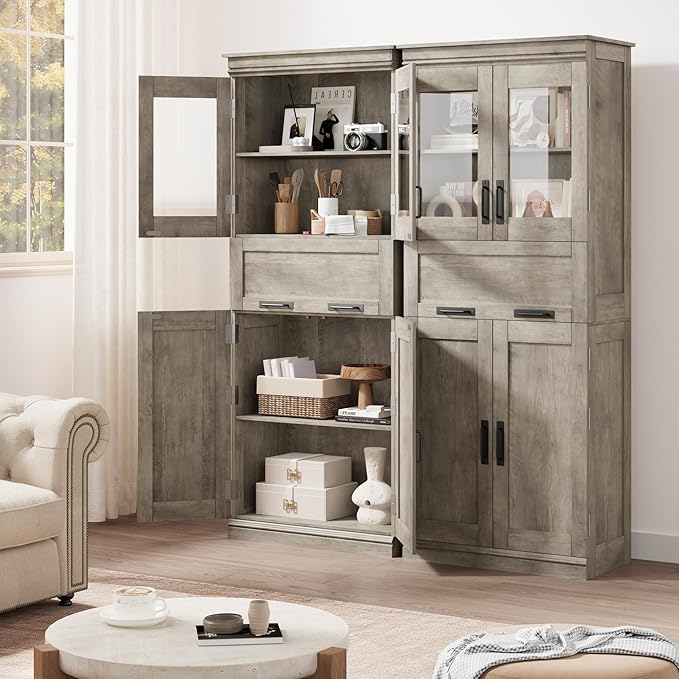 GarveeHome 67" Tall Bathroom Cabinet with 4 Doors & Flip Glass Drawer, Storage Cabinet with Adjustable Shelves, Freestanding Organizer for Kitchen, Living Room (Oak)