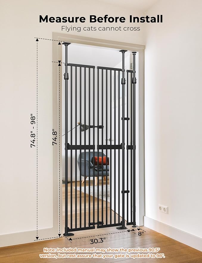 Extra Tall Cat Gate for Doorway: Sprouterie 74.8"-98" Pressure Mount Tall Cat Gates for Pet 30.3"-38.2" Wide Black Wall Drilling for Indoor Stairs Doorway Room Door Safety No Barrier
