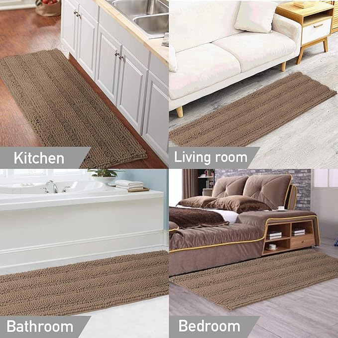Turquoize Chenille Extra Long Shaggy Absorbent Non-Slip Bath Mat/Runner: 47" X 17" Taupe Brown