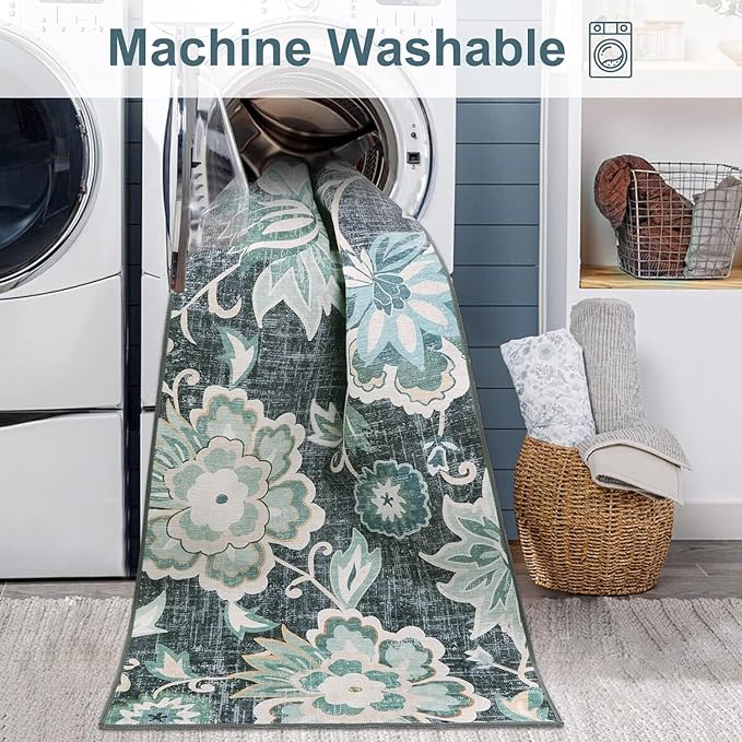 Beeiva Floral Carpet Runner Non Slip, Vintage Washable 2.5x12 Rug Runners for Hallways Non Slip, Ultra Thin Printed Distressed Blue Hallway Rug for Bedroom Bathroom Laundry