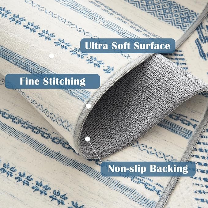 jinchan Moroccan Boho 5x7 Area Rugs for Bedroom - Machine Washable Soft Throw Rug Bohemian Ripple Design Non-Slip Carpet for Living Room Kitchen Dining Room Home Office (5‘x7', Blue)