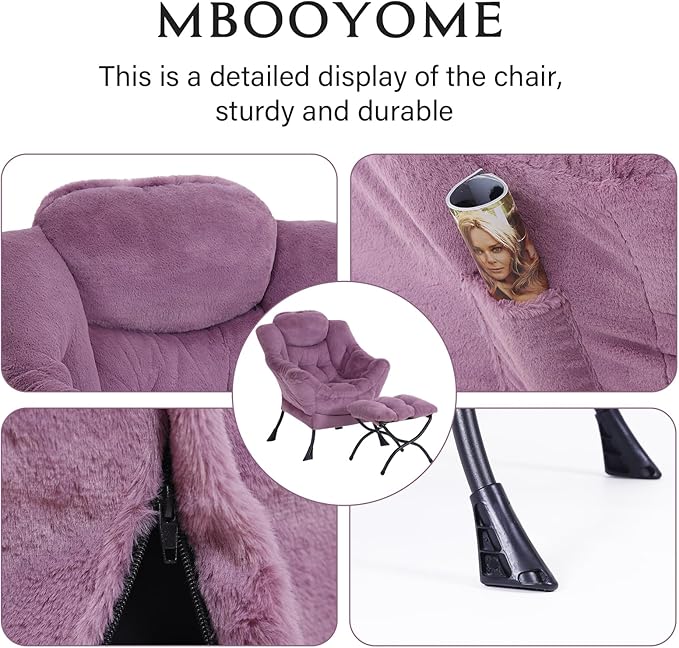 Lazy Chair with Ottoman, Modern Accent Lounge Armchair with Side Pocket & Foldable Footstool, Leisure Reading Chair for Living Room, Bedroom, Dorm & Office, Plush Purple