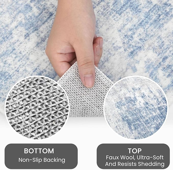 IOHOUZE Abstract Area Rug 4x6 Ft Washable Rugs for Entryway Indoor, Non Slip Small Living Room Rugs Printed Faux Wool Throw Rug, Floor Carpet for Kitchen Nursery Playroom, Light Blue White
