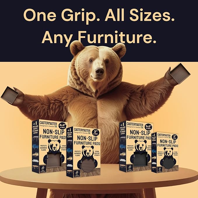 CasterMaster Heavy Duty Non Slip Furniture Pads for Wood Floors & Carpet - 4x4 Black Round Caster Cups - Rubber Feet for Furniture - Stop Bed Sliding - Bed Frame Legs Protectors (Set of 4)