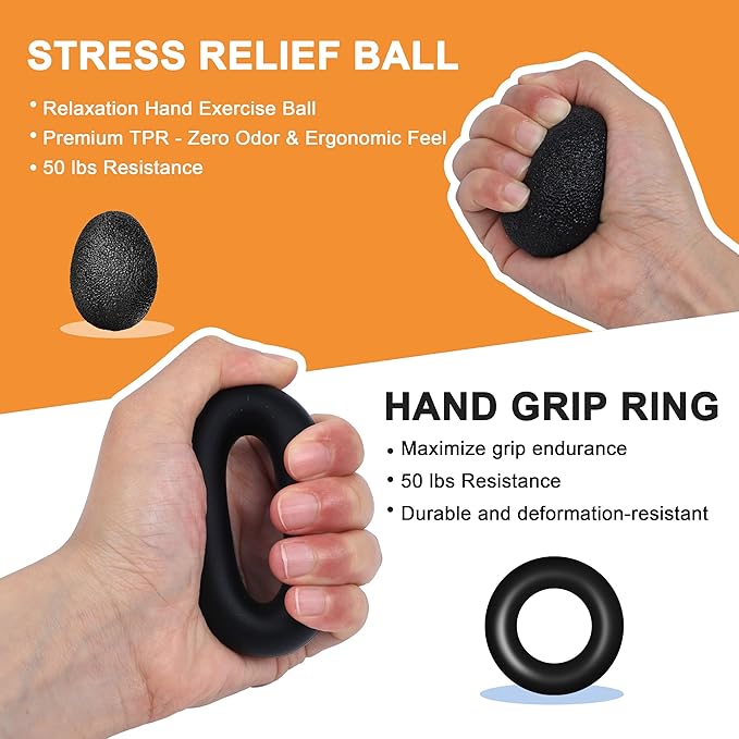 Treeroot 5/10PCS Grip Strength Trainer Kits, Hand Gripper Strengthener, Forearm Strengthener, Forearm Exerciser, Finger Exerciser, Wrist Strengthener, Stress Relief Ball, Grip Ring