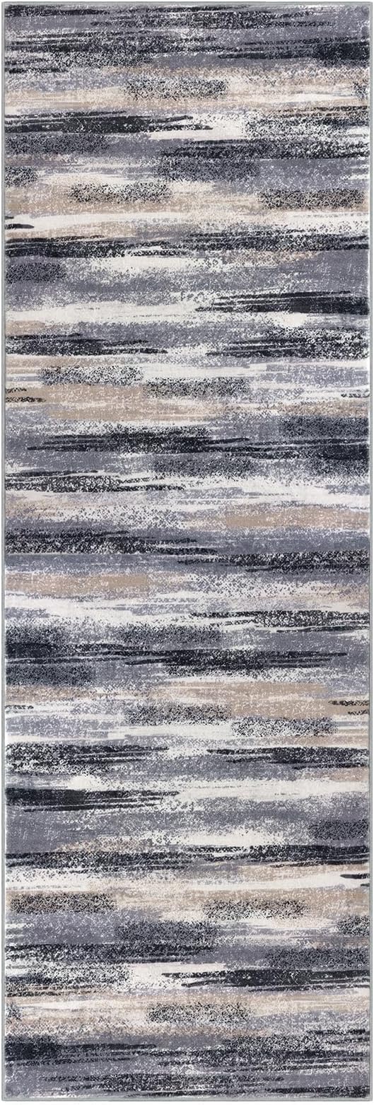 Modern Abstract Runner Rug 2.6x16, Grey Black Multi Washable Long Kitchen Runner Non-Slip Soft Hallway Rug Runner Thin Print Faux Wool Carpet for Entryway Bedroom Laundry Room Indoor Home Decor