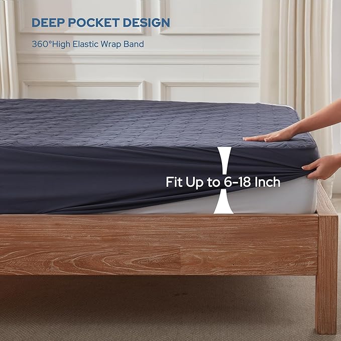 BEDLORE 2 Pack Waterproof Mattress Protector, Queen Size Mattress Pad with Deep Pocket 6"-18" Depth, Soft Breathable Bed Mattress Cover for Bedroom, College Dorm (Navy Blue)