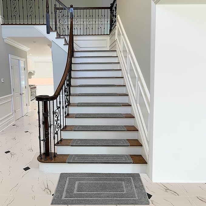 PURE ERA Bullnose Carpet Stair Treads Set Tape Free Non-Slip Indoor Stair Protectors Pet Friendly Rugs 9.5" x 30"(14 Pieces,Grey Rectangular)