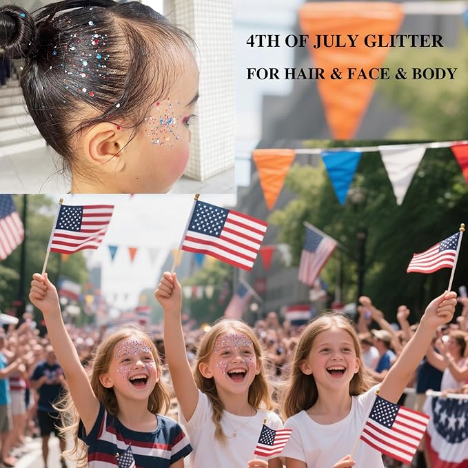 MEICOLY Red White and Blue Face Body Glitter Stick,Hair Glitter Stick for Women,Sparkle Patriotic Pride Chunky Glitter Makeup for Memorial Day,4th of July Accessories Outfits for Women