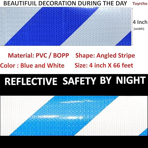 Reflective Tape Blue and White 4 inch X 66 feet, Outdoor Waterproof Hazard Conspicuity Warning Industrial Marking Tape