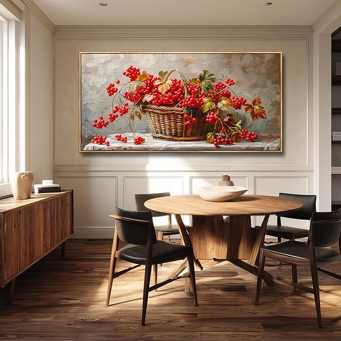 PHAOHUAXM Canvas Wall Art For Living Room Restaurant Wall Decoration For Office Bedroom Bathroom Abstract Red Fruit Mural Wooden Frame Printing Picture Artworks Modern Home Decor Aesthetics 24"X48"