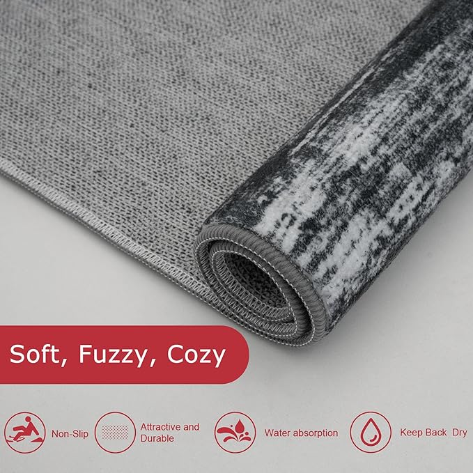 KOZYFLY Modern Abstract Washable Circle Rug 5Ft, Washable Kitchen Rug Non-Slip Soft Bathroom Round Rug, Black Navy Blue Grey Striped Entryway Rugs Faux Wool Doormat for Bedside Entrance Bedroom Sink