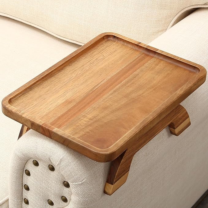 SINWANT Couch Arm Table,Acacia Wood Sofa Arm Rest Tray for Couch,13.78" Foldable Couch Armrest Tray Tables for Home Apartment Small Spaces