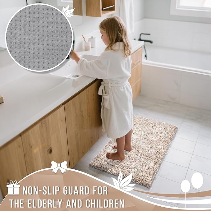 Yimobra Bathroom Rugs Sets 2 Piece, Soft Absorbent Bath Mat and U-Shaped Toilet Rug with Non Slip Backing, Luxury Shaggy Bath Mats for Bathroom, Machine Washable, 24"x17"+24"x20", Khaki