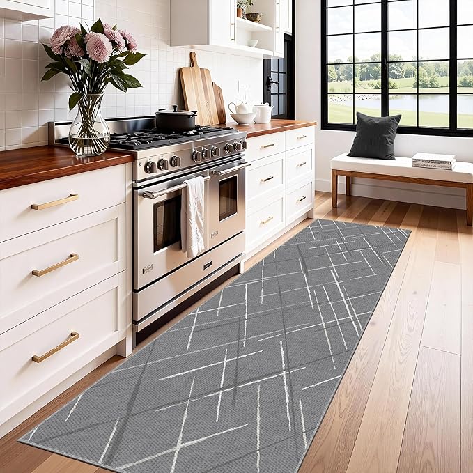 Kitchen Rugs Ultra Non-Slip 2.6x8 Washable Runner Rug Modern Tear and Stain Resistance No Pile Lightweight Runners for Entryway, Hallway, Walkway, Bedside, Entrance, Gray
