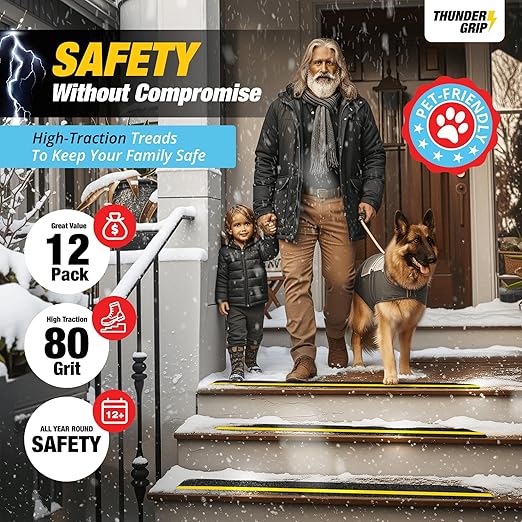 Reflective Grip Tape for Stairs 30" x 4" - 12-Pack Outdoor Stair Treads Non-Slip Weather Resistant - Anti Slip Tape for Exterior Wooden Steps - Waterproof 80-Grit Adhesive Treads