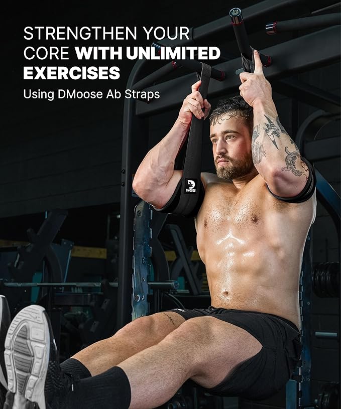 DMoose Fitness Hanging Ab Straps for Pull Up Bar & Core Strength Training - Thick Padded Arm Strap for Ab Swing with 2 Rust-Resistant Carabiners - Pull Up Straps for Ab Workouts at Home and Gym