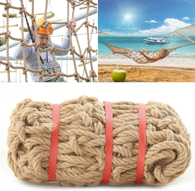 Jute Hemp Rope Net (3ftx9ft), Heavy Duty Natural Climbing Safety Rope Netting Balcony Stairs Fence Garden Playground Protection Net Indoor & Outdoor Decor Rope Net