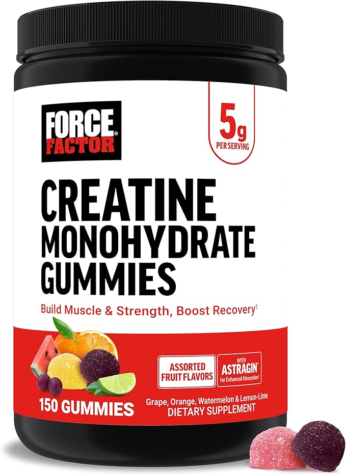 Force Factor Creatine Monohydrate Gummies, 5g Dose for Men & Women to Support Muscle, Strength, Recovery, Cognitive Health & Memory, Assorted Fruit Flavors, 150 Gummies